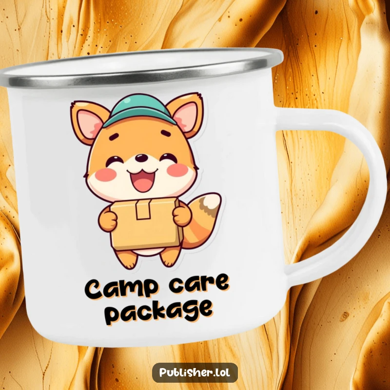Funny camping mug with a happy animal gleefully delivering a package, perfect for enjoying drinks and spreading cheer outdoors.