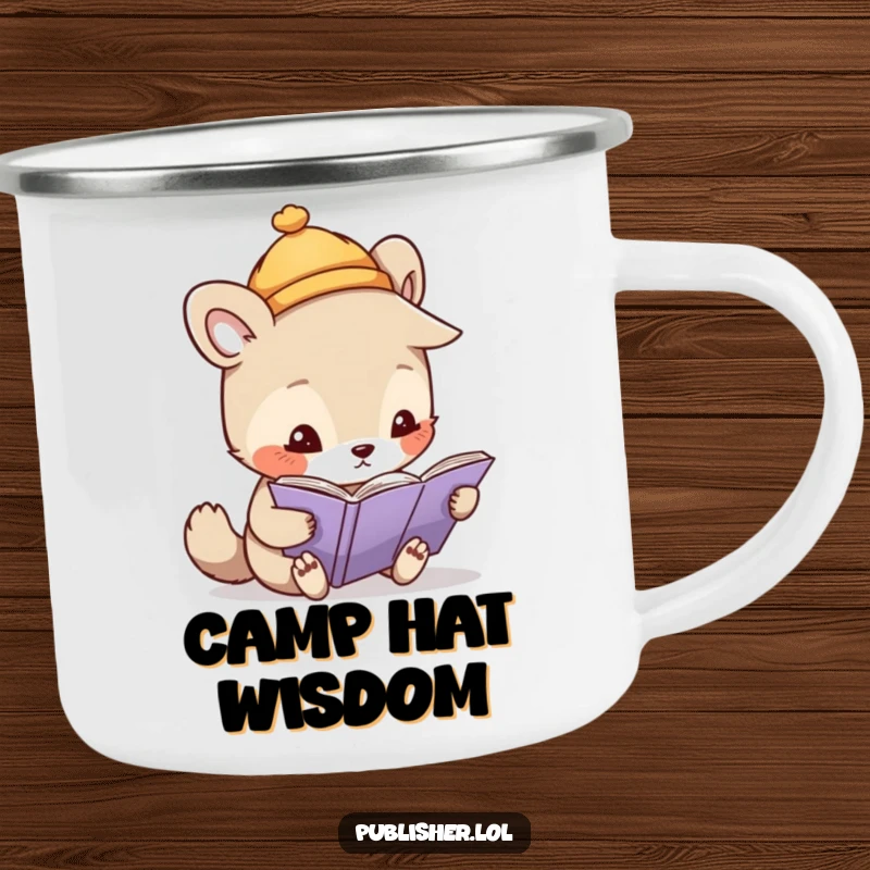 Funny camping mug featuring a whimsical animal in a tiny hat, inspecting a page closely, ideal for curious explorers.