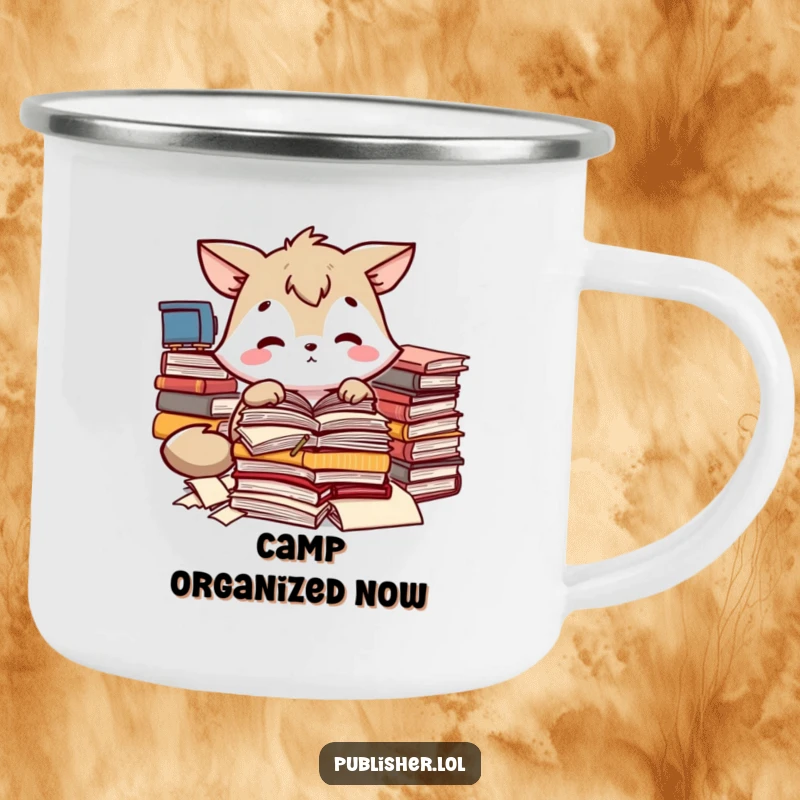 Funny camping mug with an animal sorting manuscripts, perfect for outdoor focus and a funny gift.