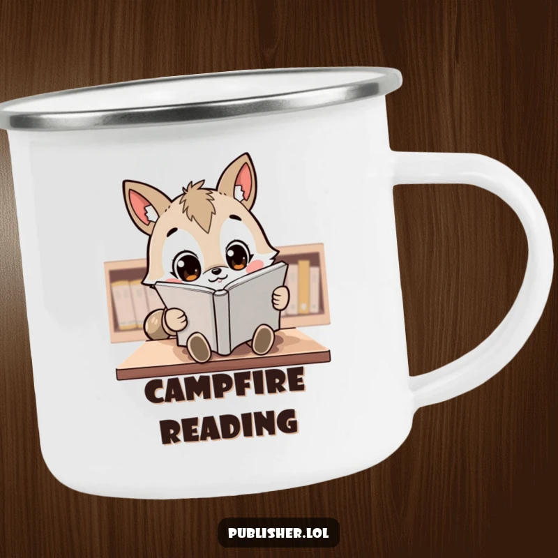Funny Camping Mug: A kawaii animal character with wide, focused eyes reviews a manuscript in the great outdoors.