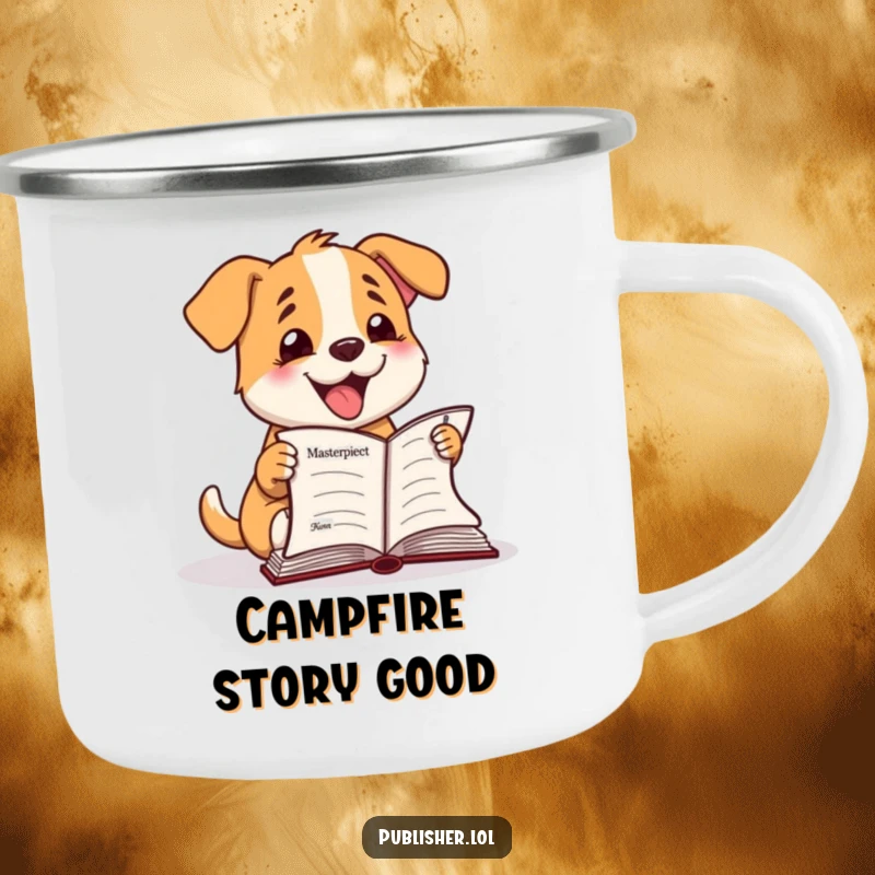 Funny Camping Mug: Happy dog character barks at a finished manuscript, for celebratory outdoor enjoyment.