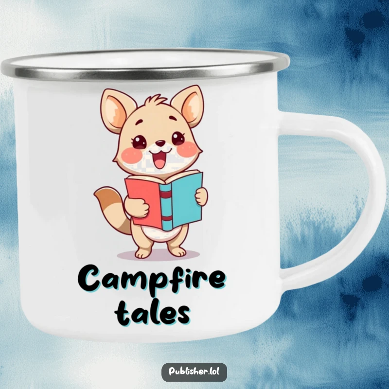 Funny camping mug depicting an adorable animal character enthusiastically presenting a finished book with a flourish, ideal for outdoor readers.