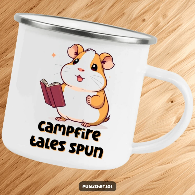 Funny camping mug featuring a proud guinea pig presenting a novel with a flourish, perfect for outdoor enthusiasts and authors.