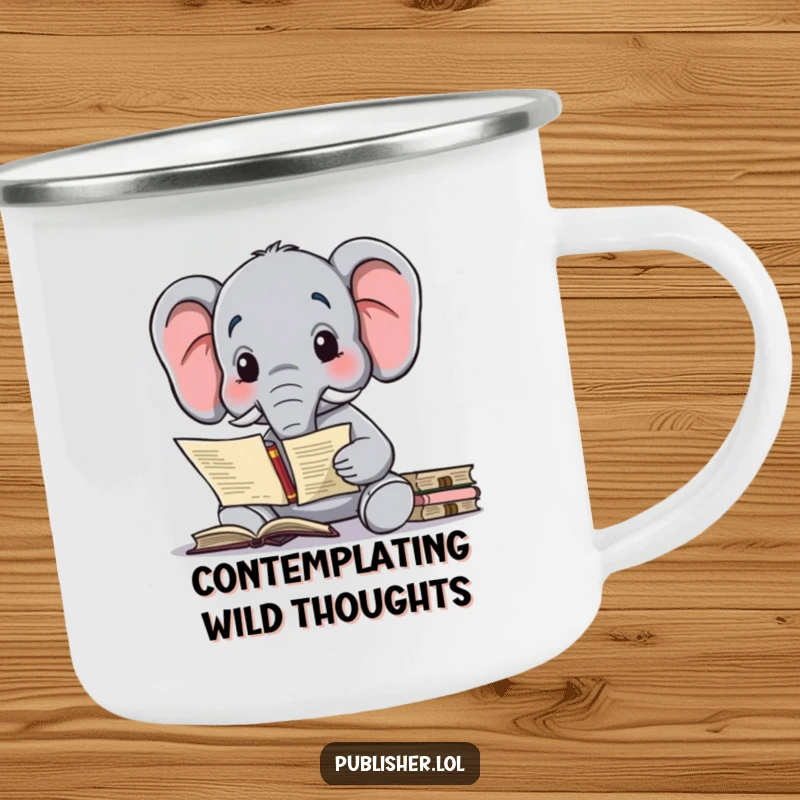 Funny camping mug with a wise elephant character contemplating a complex publishing contract, ideal for outdoor meetings.