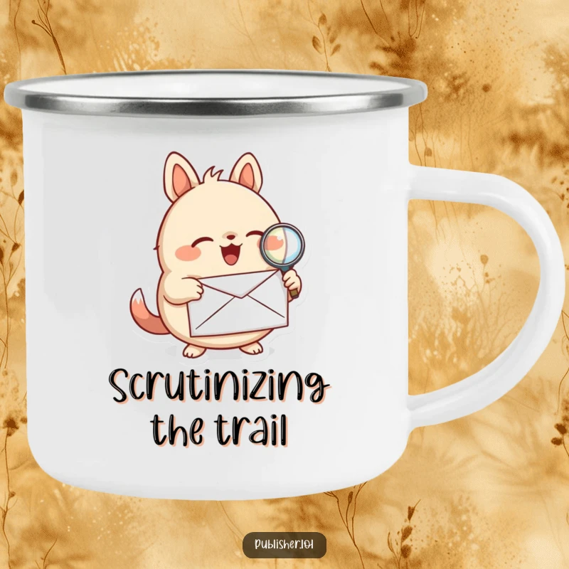Funny camping mug with a round animal character examining a letter with a magnifying glass, ideal for adventurers who love solving mysteries.