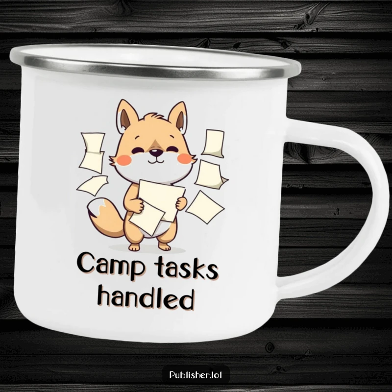 Funny camping mug with a determined animal character expertly managing multiple flapping papers, ideal for adventurers who embrace productivity.