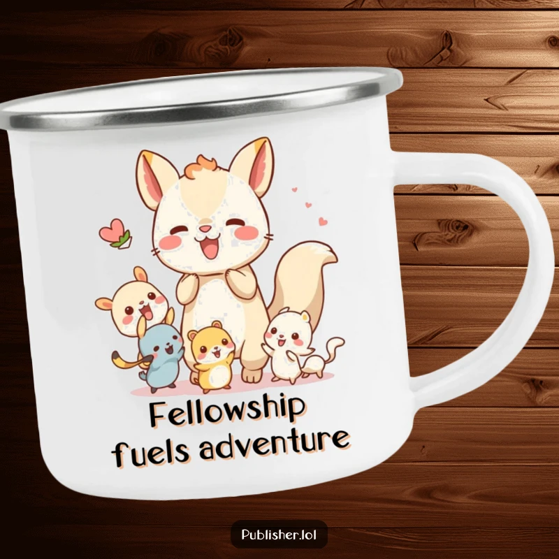 Funny camping mug with a whimsical animal character energetically collaborating with tiny creatures, ideal for adventurers who value teamwork.
