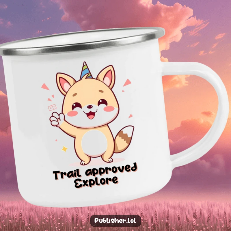 Funny camping mug featuring a cheerful animal character giving a stamp of approval, great for outdoor drinks and rugged humor.