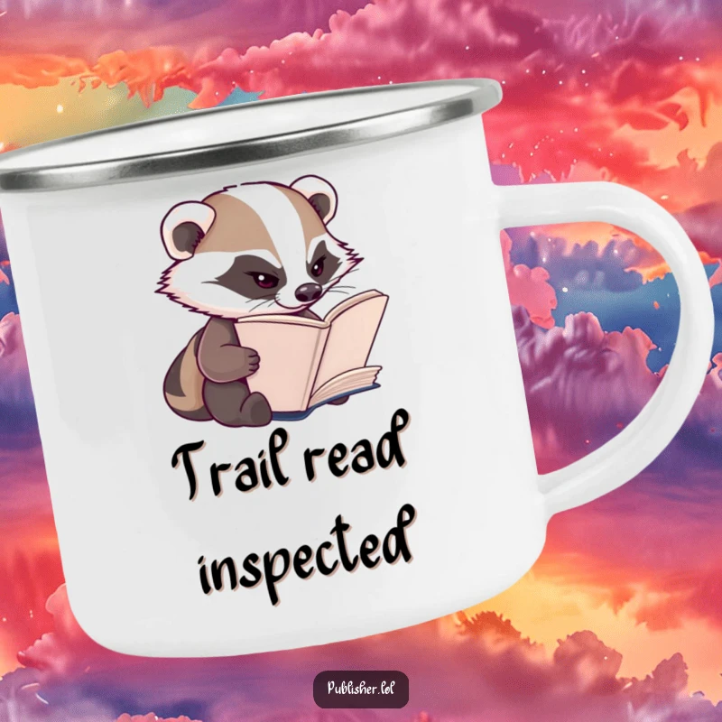 Funny Badger Camping Mug: A diligent badger character squints, inspecting book pages while enjoying the outdoors.