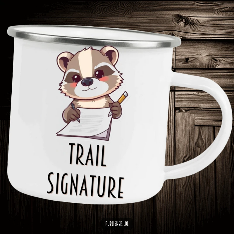 Funny badger camping mug, determinedly signing a document with a flourish, perfect for enjoying drinks on any adventure.