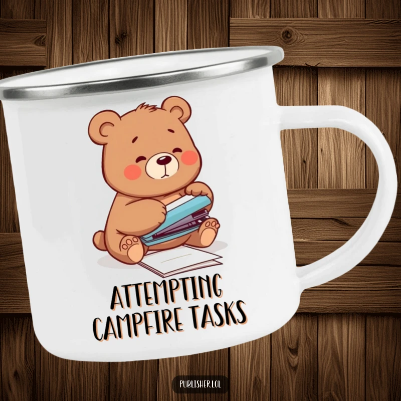 Funny Camping Mug featuring a clumsy bear attempting to staple papers with its paw, bringing humorous relatability to outdoor adventures.