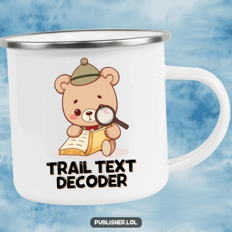 Funny Bear Investigator Camping Mug featuring a small bear in a hat and magnifying glass, examining a map outdoors.