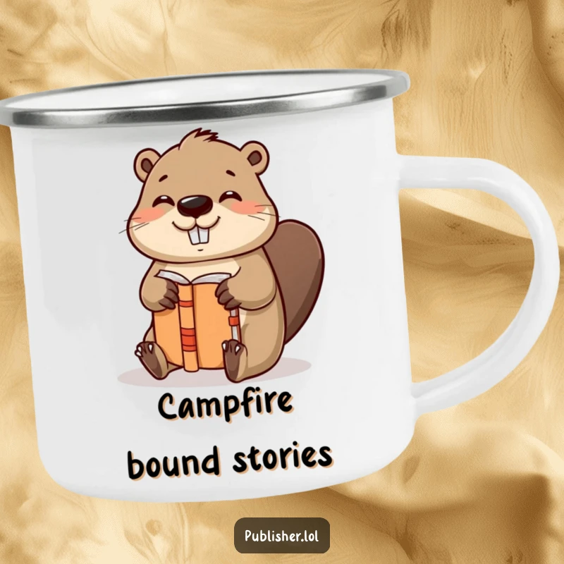 Funny camping mug with a helpful beaver character binding a book with gusto and a satisfied nod, ideal for outdoor reading.