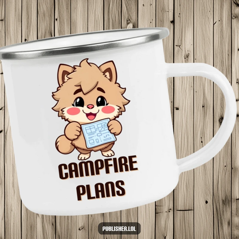 Funny Blueprint Explorer Camping Mug with an enthusiastic character pointing at a blueprint, perfect for outdoor adventures and hot beverages humorously.