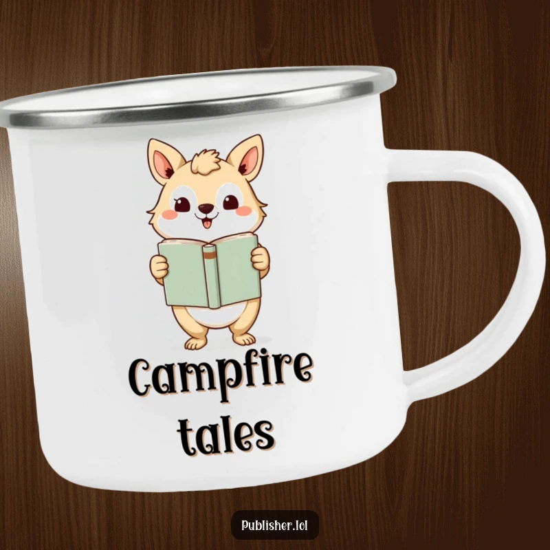Funny Camping Mug: Sturdy mug featuring an animal character presenting a finished book with a grand gesture, perfect for outdoor reading and sipping.
