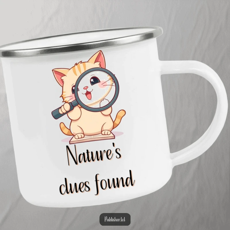 Funny camping mug with a cute cat holding a giant magnifying glass over a document, great for outdoor enthusiasts.