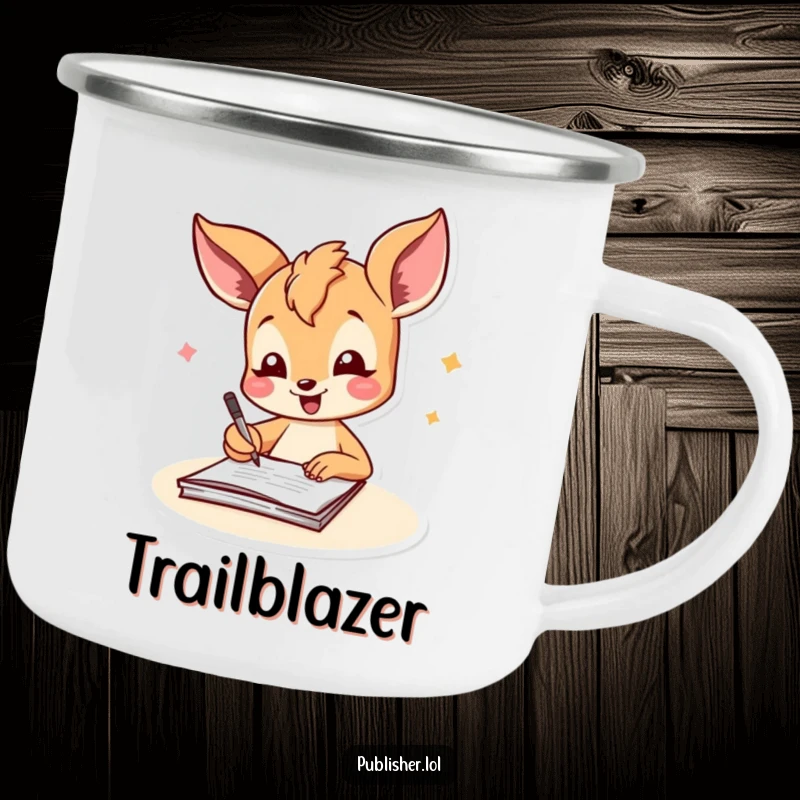 Funny fawn camping mug showing a joyful character signing a document with a cheerful flourish, perfect for outdoor enjoyment and celebrating.