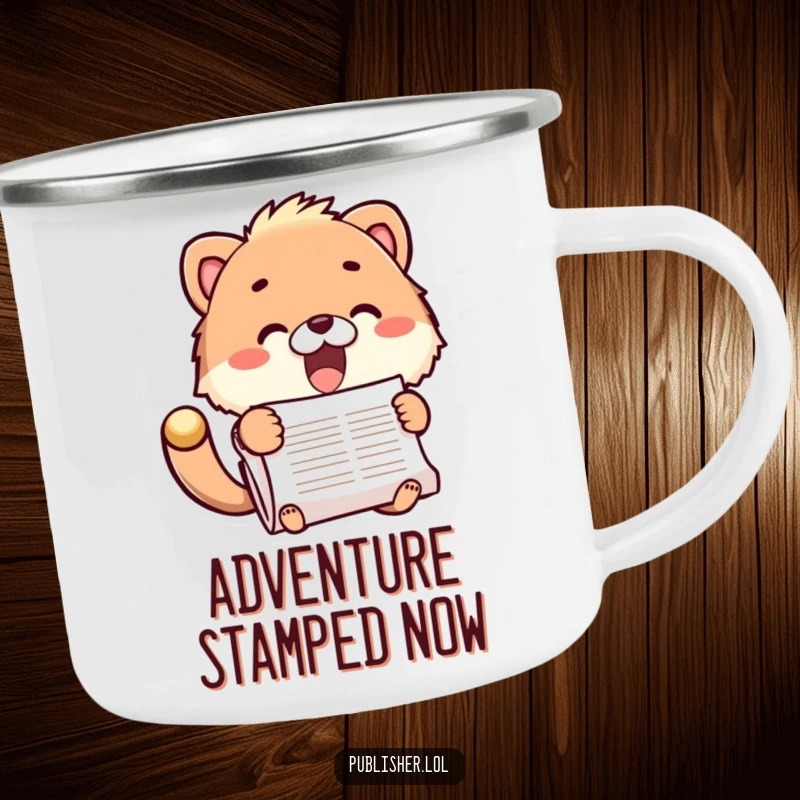Funny camping mug with a fuzzy animal stamping a document, perfect for outdoor enthusiasm and a funny gift.
