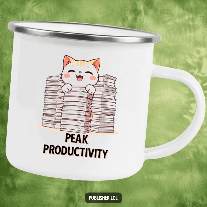 Funny Kawaii Cat Camping Mug illustration of a determined cat stacking paper amidst a serene outdoor scene, blending work and wanderlust.