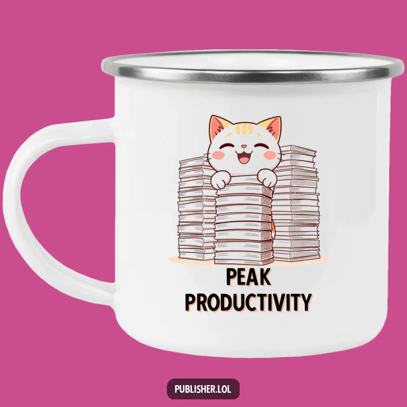 Funny Kawaii Cat Camping Mug - Hilarious Snowy Paper Stacking Adventure
