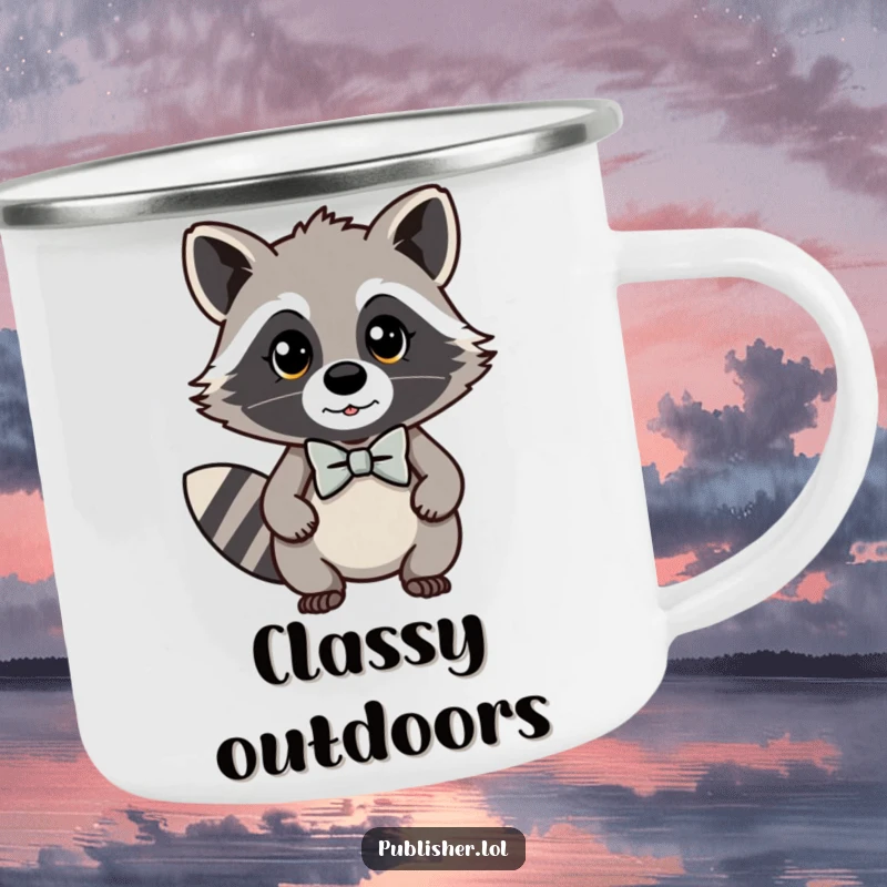 Funny kawaii raccoon camping mug featuring a dapper character in a bow tie looking important, perfect for enjoying drinks outdoors with style.