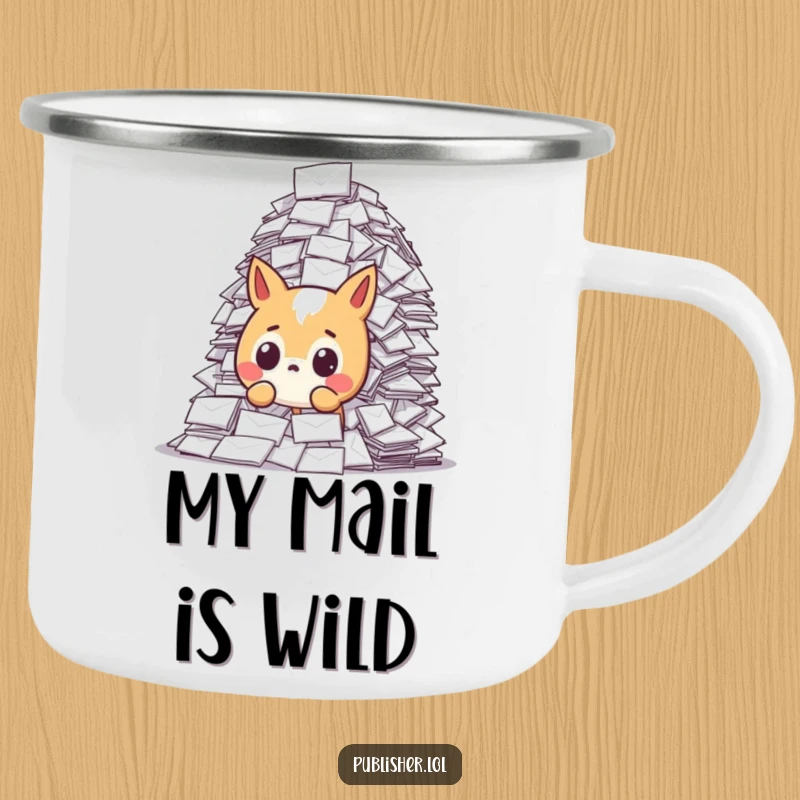 Funny camping mug featuring a startled animal character looking at a huge mail pile, ideal for outdoor humor and surprise enthusiasts.