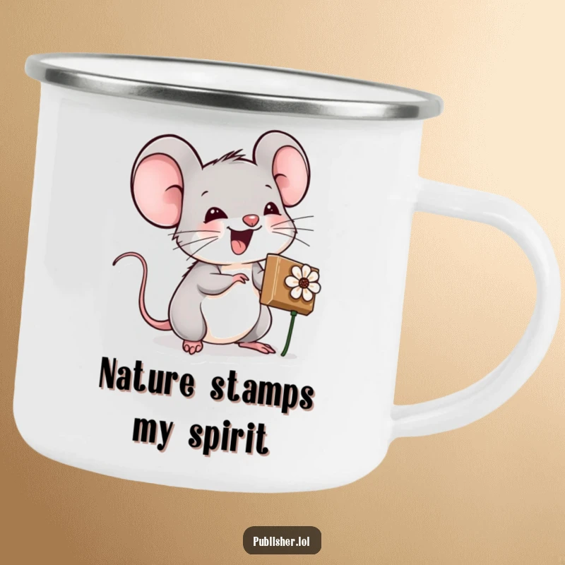 Funny camping mug featuring an excited mouse character stamping a flower, perfect for crafters who love to create on the go.