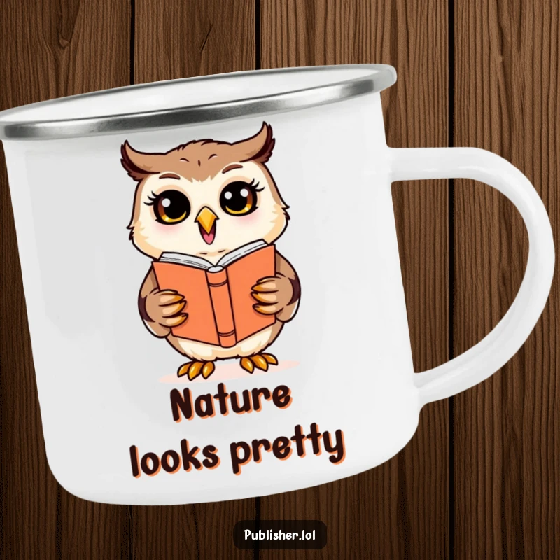 Funny cheerful owl character reviewing a book cover design on a durable camping mug, ideal for creative outdoor sessions.