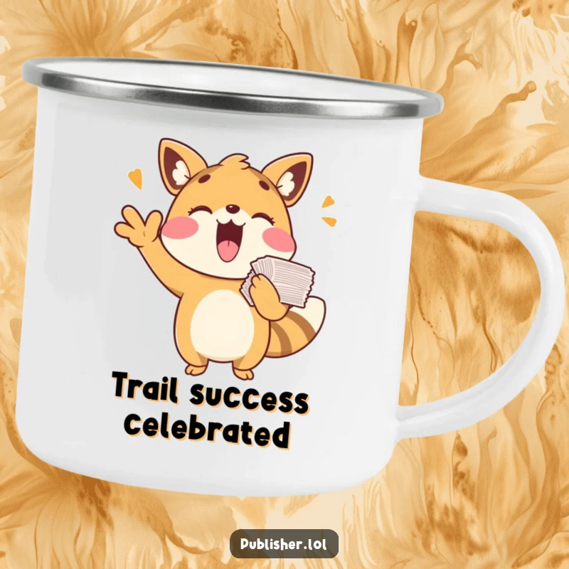 Funny camping mug with a playful animal cheering with papers, perfect for outdoor celebrations and a funny gift.