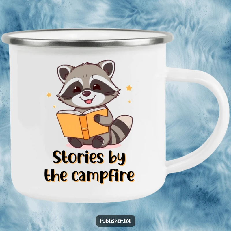 Funny camping mug with a happy raccoon artistically binding storybooks, perfect for outdoor reading enthusiasts and lovers of rugged charm.