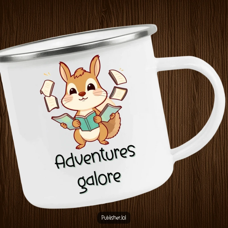 Funny squirrel camping mug showing a determined character comically juggling manuscripts, ideal for outdoor adventures and humorous relaxation.