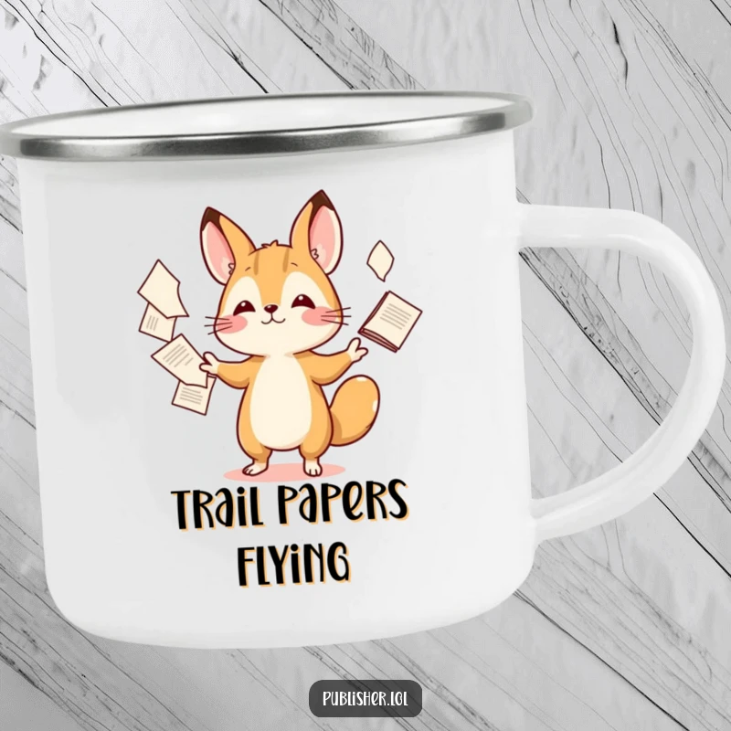 Funny camping mug featuring a tiny animal character adeptly juggling a stack of papers, perfect for outdoor adventures.