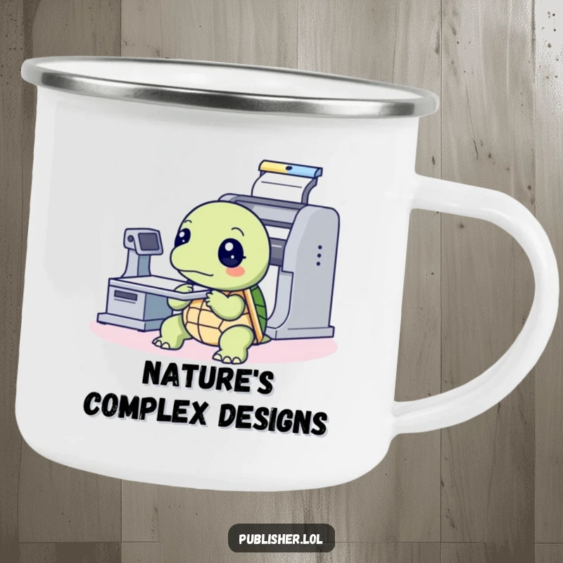 Funny Camping Mug featuring a thoughtful turtle observing a printing press machine, bringing vintage humor and contemplation to outdoor adventures.