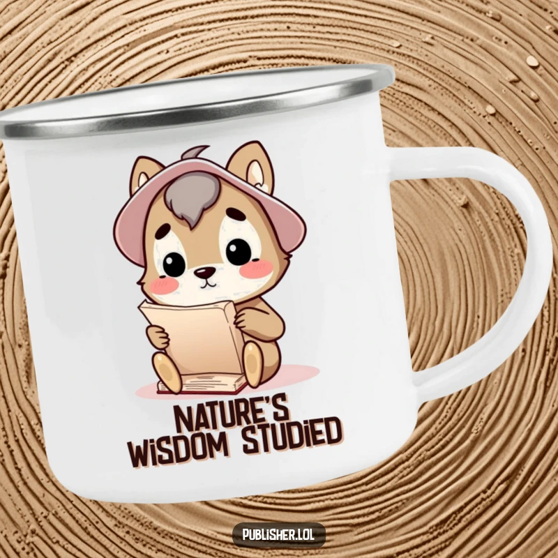 Funny camping mug with a curious animal character thoughtfully considering a large manuscript, ideal for adventurers who enjoy deep thought.