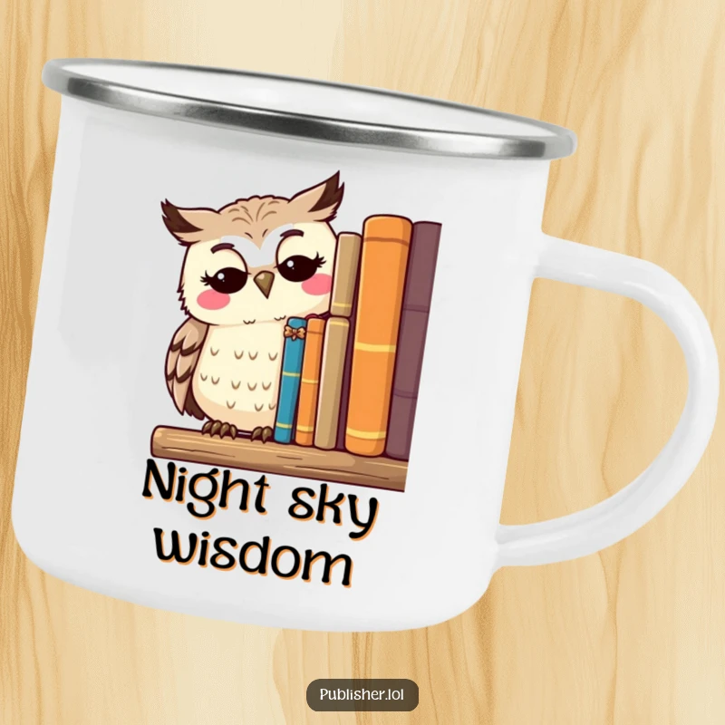 Funny camping mug with a thoughtful owl character surveying a shelf of published works with a serene smile, ideal for outdoor reading.