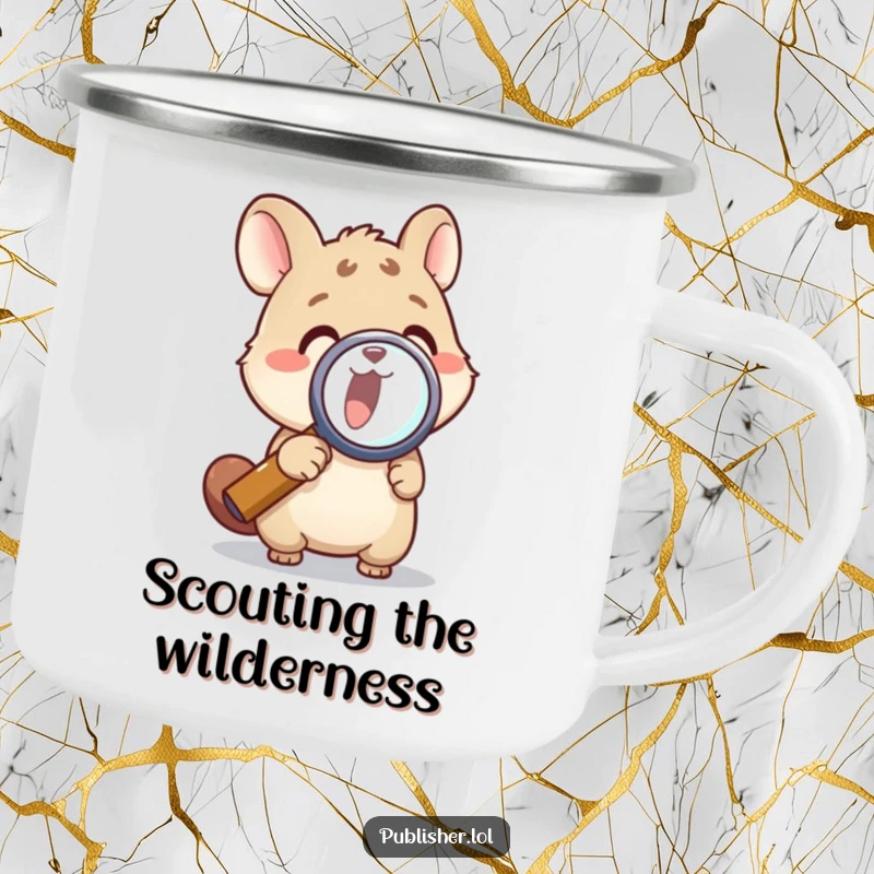 Funny camping mug with an animal examining with a magnifying glass, perfect for outdoor discovery and a funny gift.