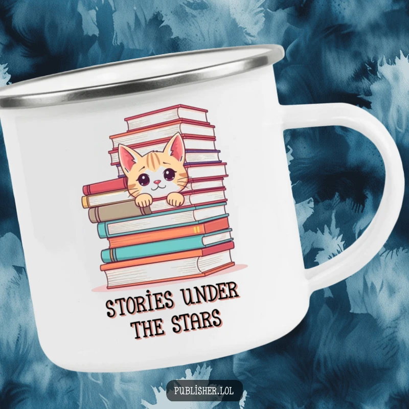 Funny camping mug with a curious cat peeking from behind books, perfect for outdoor enthusiasts and cat lovers.