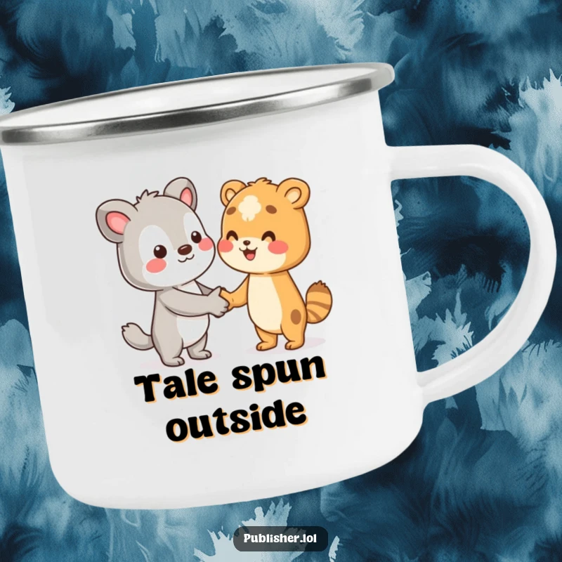 Funny camping mug with a character shaking hands with an unseen author, durable and humorous for outdoor literary adventures, a great funny gift.
