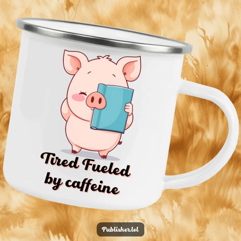 Funny camping mug with a plump, proud pig character holding a newly printed book, ideal for outdoor reading.