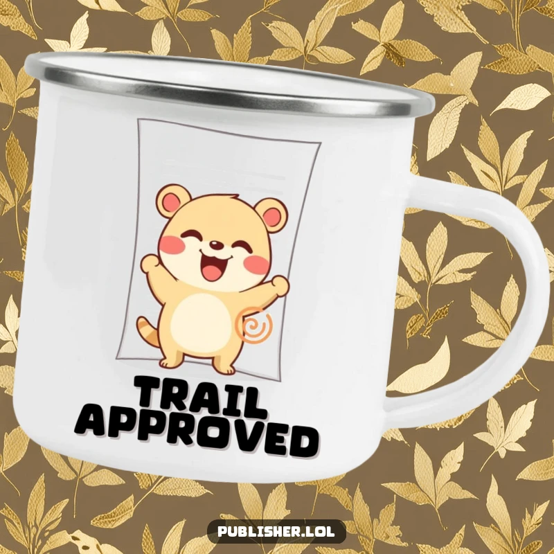 Funny Camping Mug: A cute animal character grins while enthusiastically stamping a large document in the great outdoors.