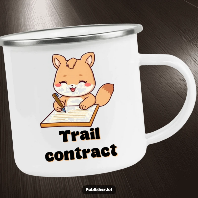 Funny Camping Mug: Sturdy mug featuring a friendly animal character signing a document with flair, perfect for outdoor business or relaxation.