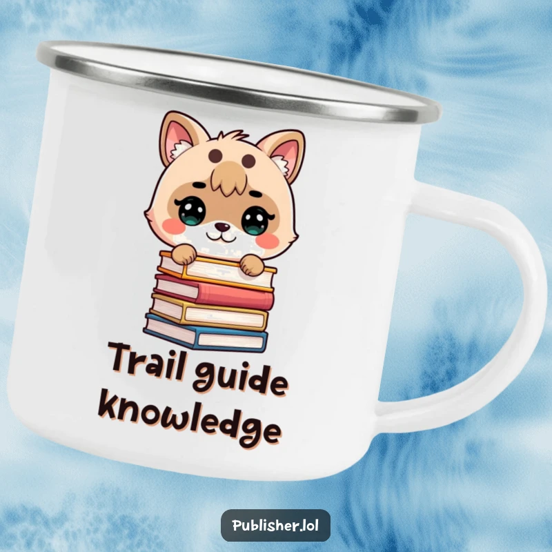Funny camping mug with a cute animal determinedly stacking books, perfect for enjoying drinks and literary adventures in nature.