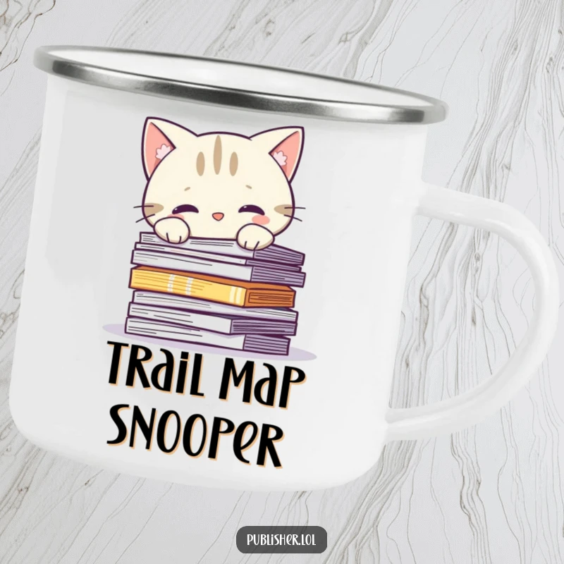Funny Camping Mug: Curious cat character peeks over printed pages, for cozy outdoor reading enjoyment.