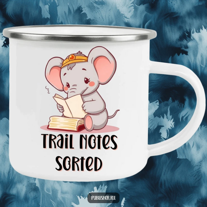 Funny camping mug featuring a busy elephant character sorting through manuscripts with its trunk, ideal for outdoor enthusiasts who appreciate organization.
