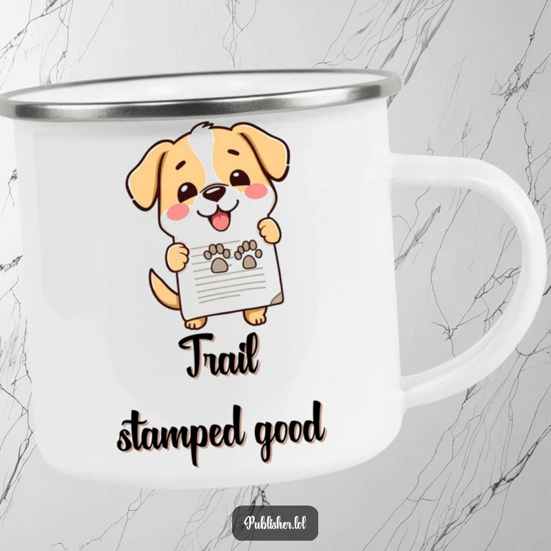Funny enamel camping mug, cute dog enthusiastically stamping document, happy paw mark, office approval, perfect for outdoor lovers and funny gift seekers.