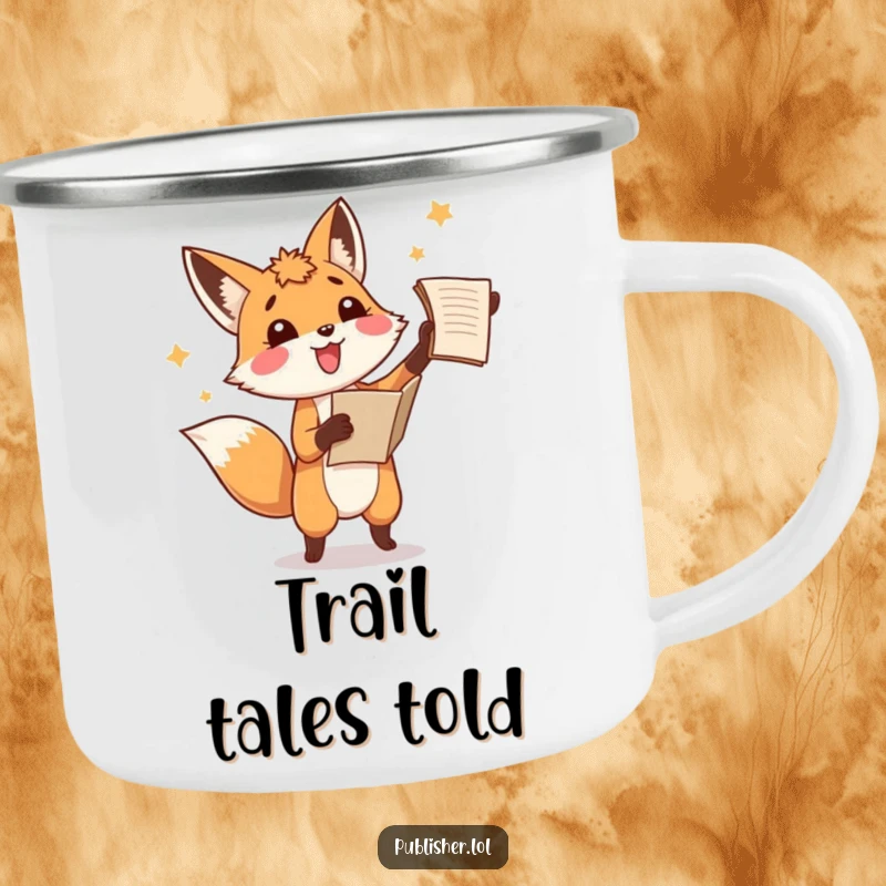 Funny fox camping mug, playfully tossing a manuscript in the air with amusement, perfect for outdoor literary adventures.