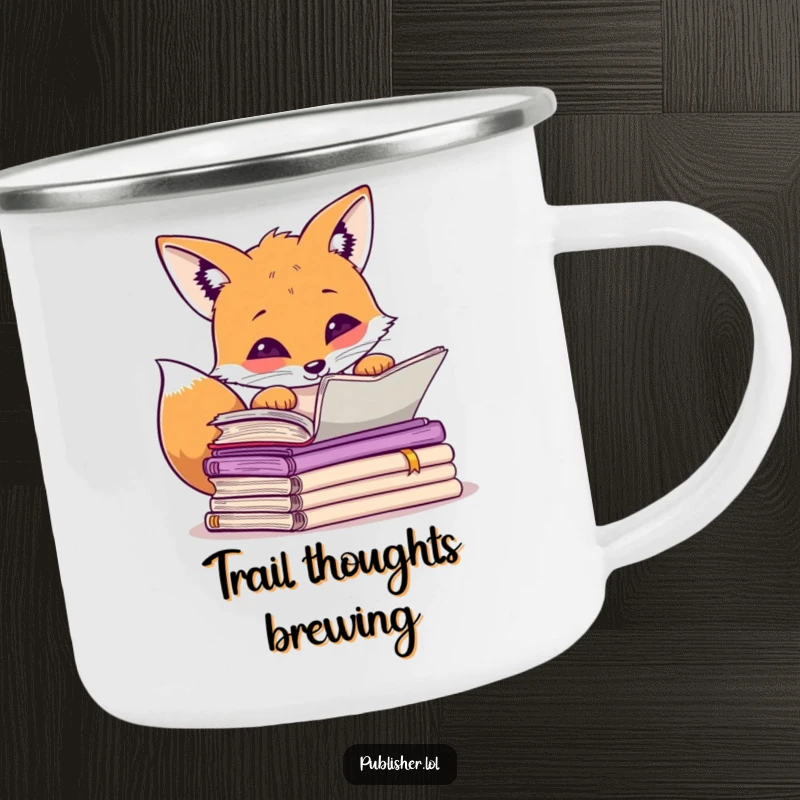 Funny curious fox peering over manuscripts, paw raised in thought, camping mug design for thinkers.