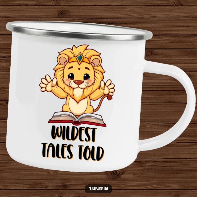 Funny Camping Mug: Regal lion character gestures authoritatively at a book layout, for wise outdoor enjoyment.