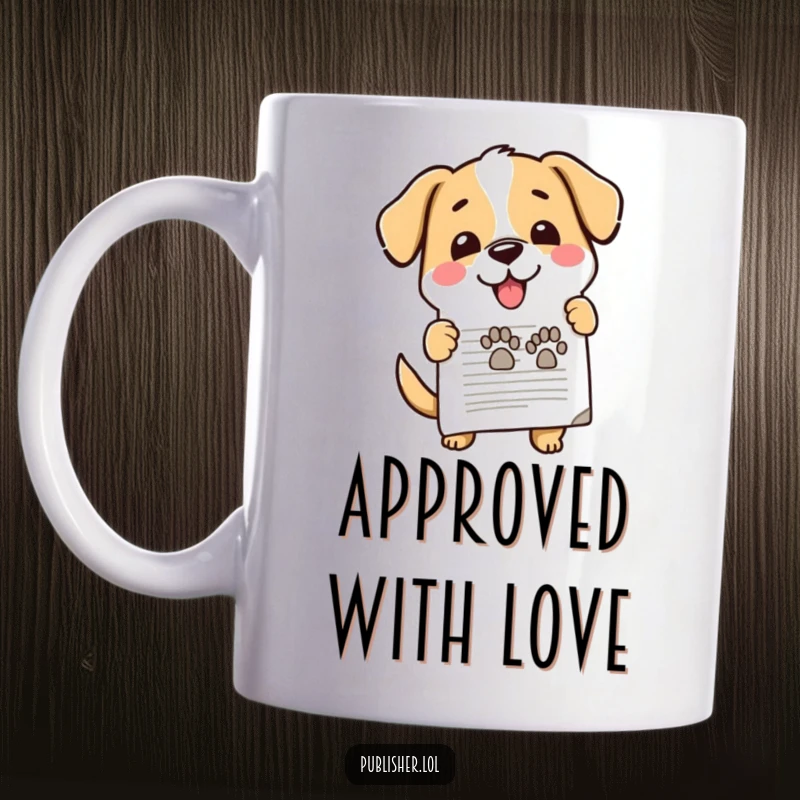 Funny dog mug, enthusiastically stamping document, happy paw mark, approved, office humor, cute and funny gift.