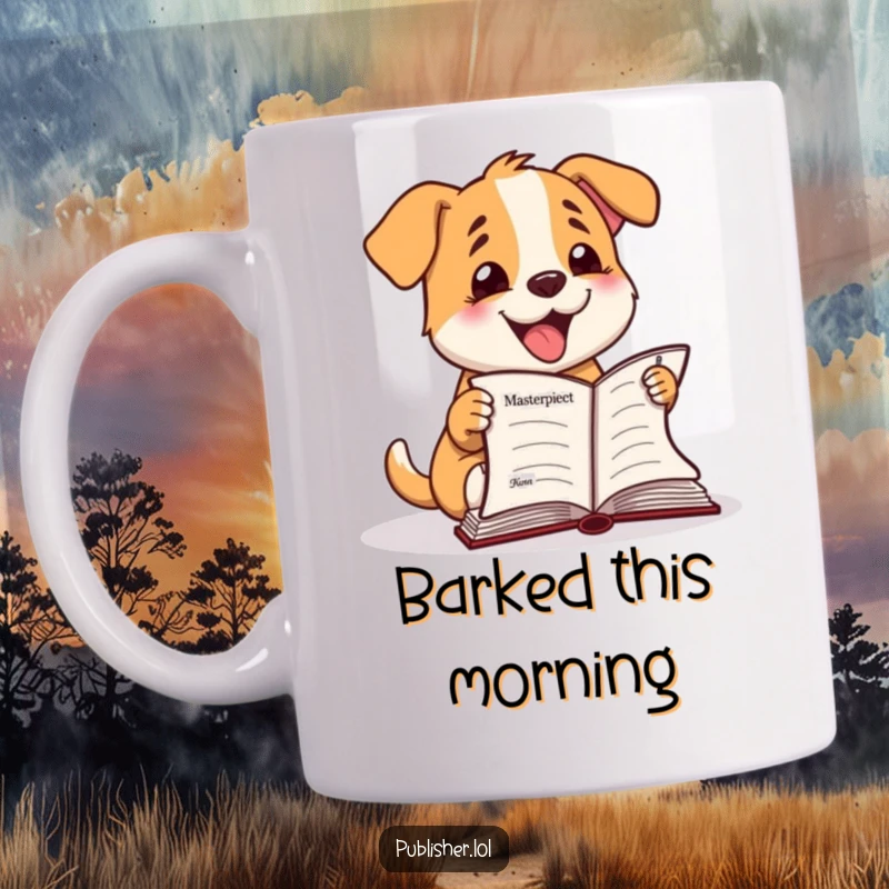 Funny Mug: Happy dog character enthusiastically barks at a finished manuscript, celebrating author success and canine joy.
